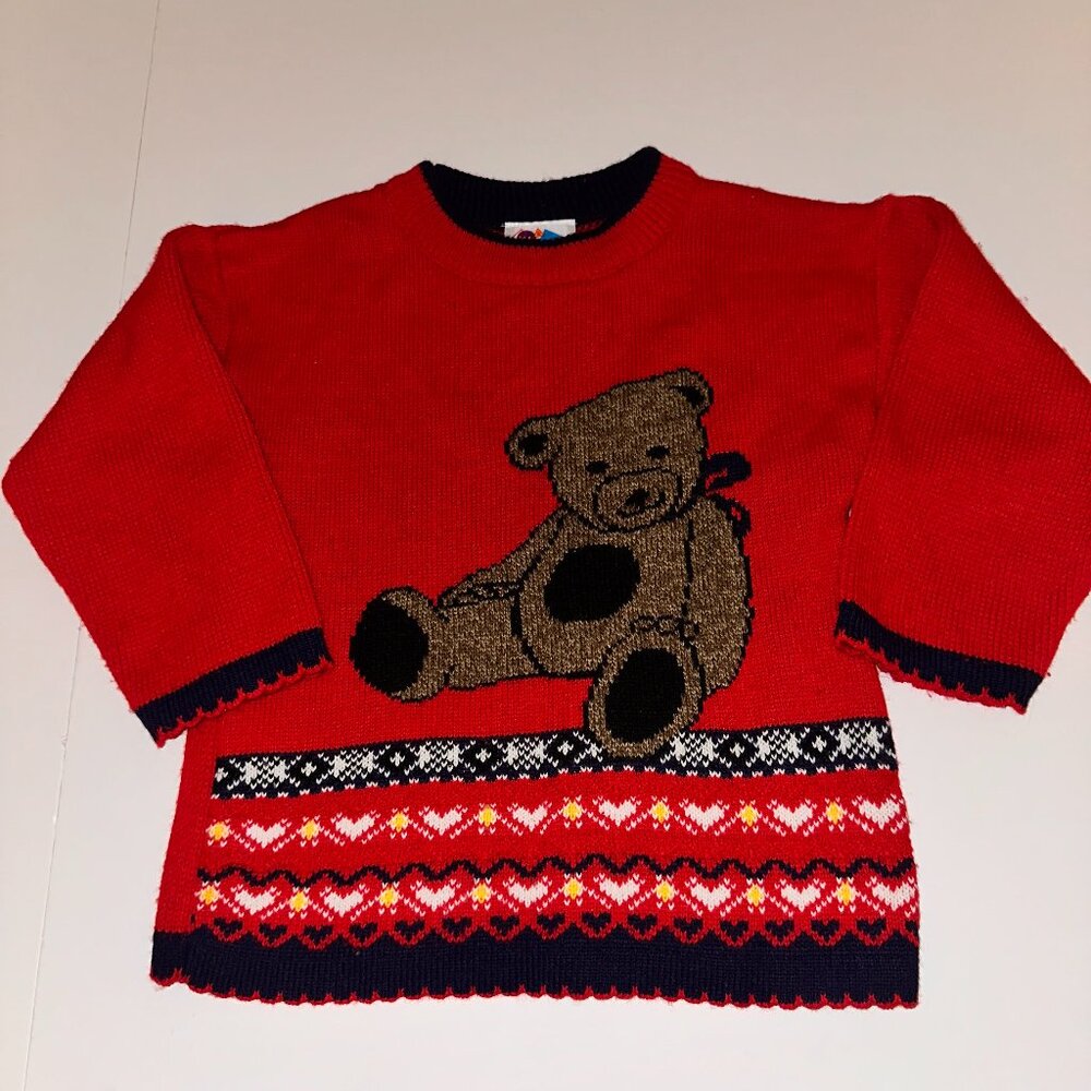 VINTAGE red TEDDY BEAR SWEATER by Kids & More Sears 90s Sweater Girls Size 4T